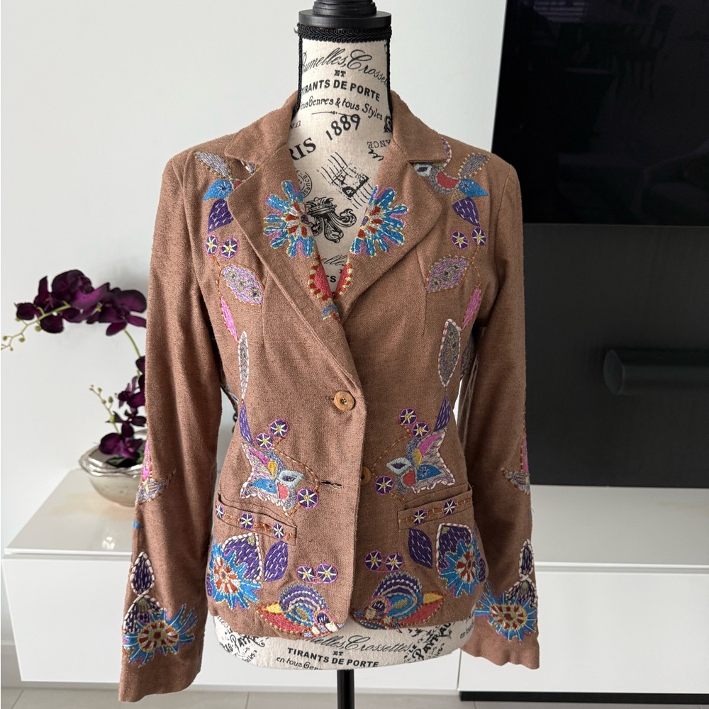 Pinko Brown Blazer with Colorful Whimsical Embroidery